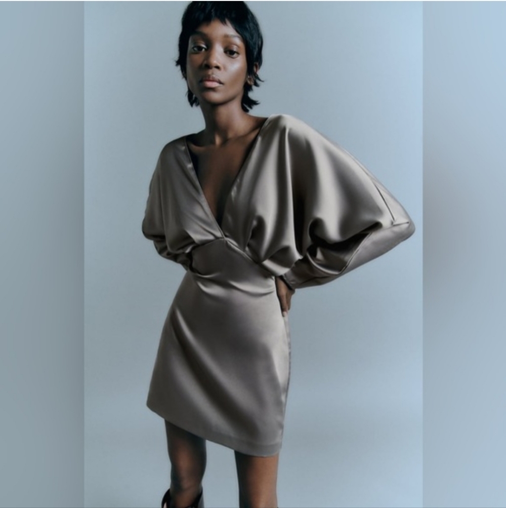 Zara Voluminous Sleeve Satin Effect Mini Dress Deep V Backless Sage Green XL